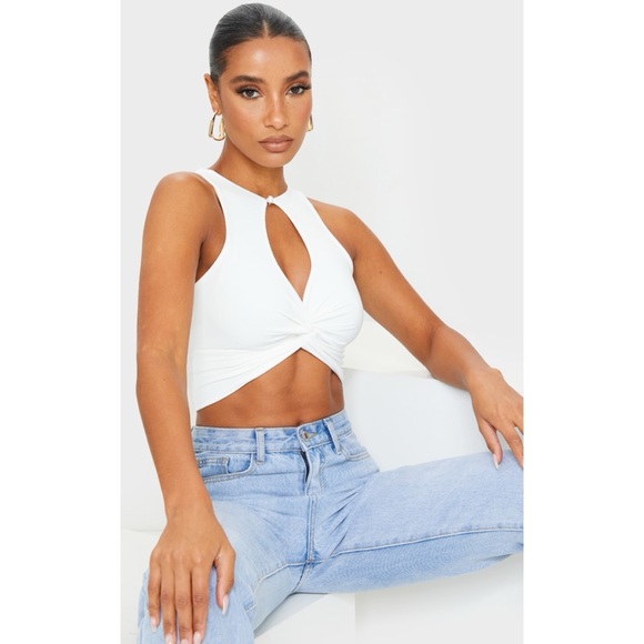 Pretty Little Thing White Slinky Cross Front Key Hole Crop Top Small - Picture 2 of 6